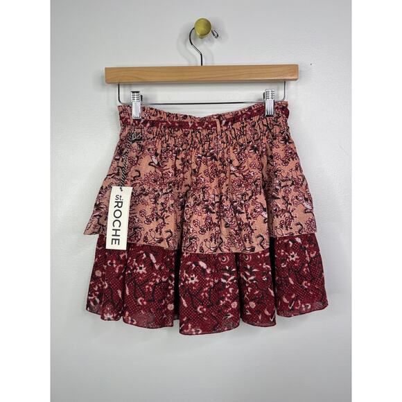 NWT St. Roche Starling Elastic Tie Waist Ruffle Casual Mini Skirt in Red Berry - Picture 5 of 10